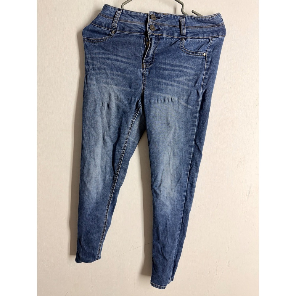 Tinseltown High Rise Skinny Jeans Medium Wash Blue Denim Size 3 Double Button